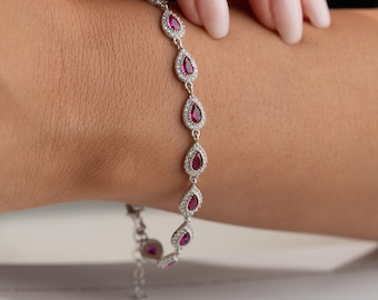Ruby Teardrop Bracelet • July Birthstone Jewelry • Red Gemstone Charm •  Elegant Gift for Women