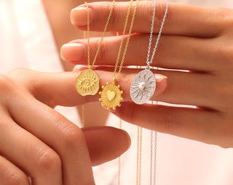 Embossed Heart Sun Eye Necklace, 14K Gold Plated Sterling Silver