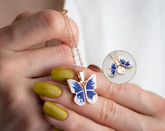 Engraved Blue Butterfly Necklace, Personalized Hidden Name Pendant, Secret Message Jewelry, Transformation Charm