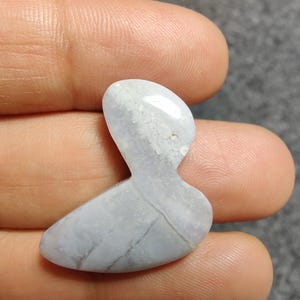 May include: A pale blue, polished gemstone carved in the shape of a bird. The stone has a smooth, glossy surface with subtle grey veining. The gemstone is held in a person's hand against a grey background.