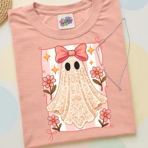 Spooky Coquette PNG, Lace Ghost with Pink Bow, Preppy Halloween Pastel Ghost PNG, Lacey Halloween Girly Fall Design, Boho Spooky T-Shirt PNG