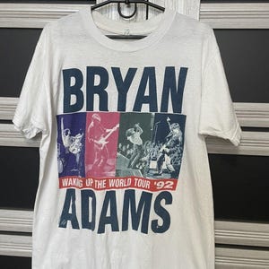 Camiseta vintage de Bryan Adams de 1992, gira Waking Up The World, concierto, talla XL, costura única, fabricada en EE. UU., banda de rock, años 90.