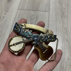 Vintage 1980 Baron Buckles Bluegrass Banjo Gitarre Massivmessing Gürtelschnalle USA Western Country Americana Musik Sammlerstück