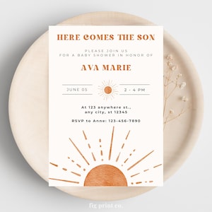 Here Comes the Son Baby Shower Invitation, Sun Baby Shower Invitation, Sunshine Baby Shower Invitation Boy, Here Comes the Son, Editable