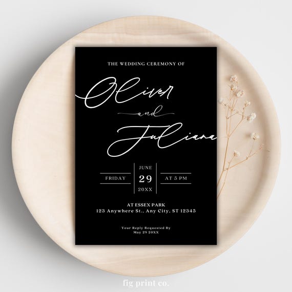 Editable Wedding Invitation Template Minimalist Modern Black and White Wedding Invite, Digital Printable Instant Download Elegant Evite