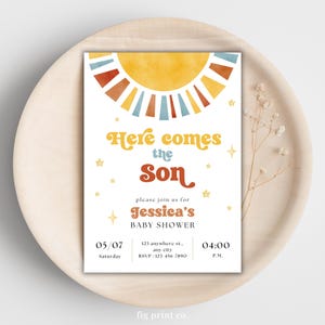 Here Comes the Son Baby Shower Invitation, Sun Baby Shower Invitation, Sunshine Baby Shower Invitation Boy, Here Comes the Son, Editable 002