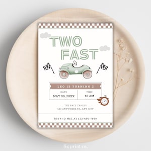 TWEE snelle verjaardagsuitnodiging vintage raceauto verjaardag twee snelle verjaardagsuitnodiging retro raceauto verjaardag bewerkbare digitale downloaduitnodiging