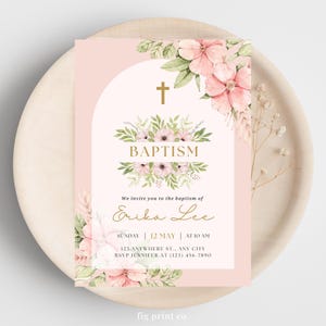 Floral Baptism Invitation Template: Pink Watercolor Flowers (Printable Download)