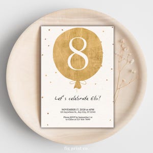 Gold Balloon 8th Birthday Invitation: Boho Confetti Party (Digital Download)