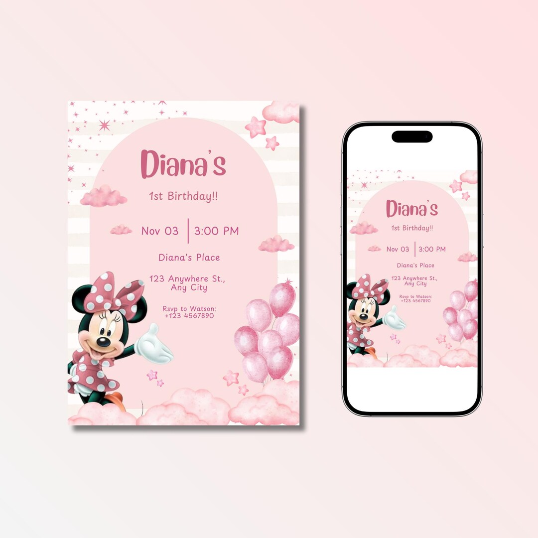 Editable Minnie Mouse Birthday Invitation, Pink Party Invite Template ...