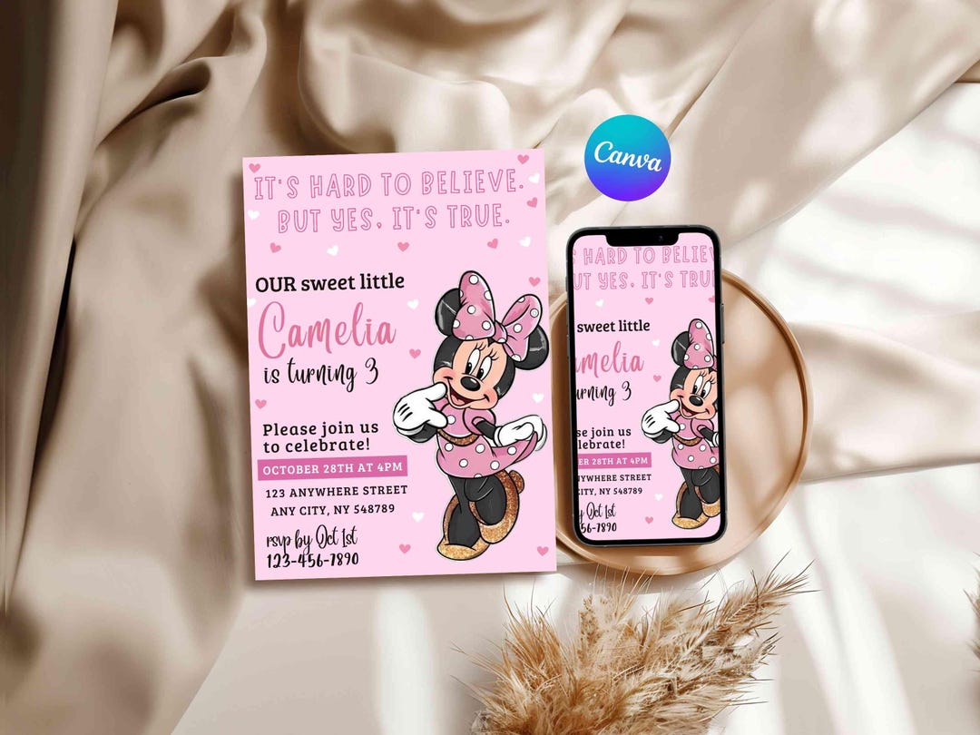 Editable Pink Minnie Mouse Birthday Invitation | Watercolor Girls ...