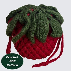 May include: A crocheted strawberry-shaped bag with green leaves and a red body. The bag has a drawstring closure and the text "Crochet PDF Pattern" on a green oval.