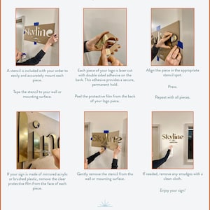 May include: A step-by-step guide titled "Mounting Instructions" with images demonstrating how to install a "Skyline" sign. The guide includes instructions for using a stencil, applying adhesive, and removing protective film. The sign is made of mirrored acrylic.