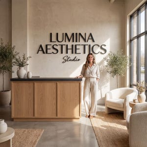 May include: Interior shot of a modern aesthetic studio with a wooden reception desk and a woman standing behind it. The studio's name, "LUMINA AESTHETICS Studio," is displayed on the wall. The space is decorated with neutral tones and natural elements.