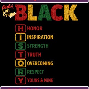 Puede incluir: Un diseño gráfico negro con la palabra "BLACK" en rojo, verde y amarillo, con la palabra "HISTORY" escrita debajo. Cada letra de "HISTORY" se combina con una palabra: Honor, Inspiración, Fuerza, Verdad, Superación, Respeto y Tuyo y Mío.