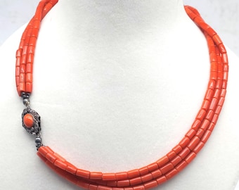 Vintage Italian Red Coral Necklace: Sterling Silver Diamond Lock, 16 Inch