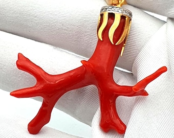 Natural Red Coral Branch Pendant • 18k Gold Diamond Accent Amulet