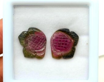 Hand-Carved Watermelon Tourmaline Gemstone Pair: Floral Carving, 10 ct(14×13mm)