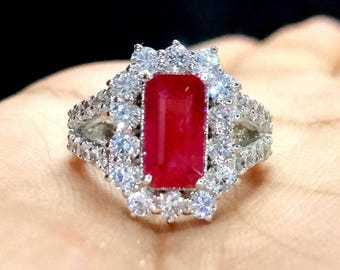 Glass Filled Ruby Ring: Sterling Silver Halo, Cubic Zirconia - Size 6