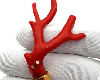 Italian Red Coral Pendant • 18k Gold, Diamond Accent, Luxury Amulet