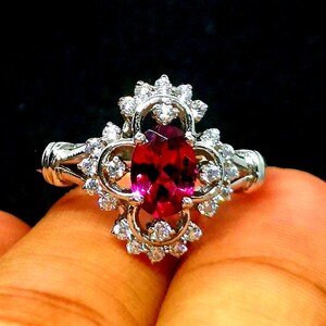 Rhodolith Granat Ring: Silber 925, Cubic Zirconia Halo - Größe 6,5