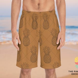 Pineapple Board Shorts for Men | Light Brown Swim Trunks | Subtle Seamless Pineapple Pattern | Unisex Summer Beachwear by Pineapple Exchange