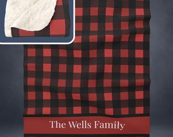 Personalized Red & Black Buffalo Check Sherpa Blanket - Cozy Family Throw, Custom Name Fleece Gift