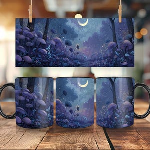 Moonlit Forest Mug: Enchanted Night Sky, Glowing Mushroom Scene