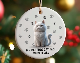Funny Cat Christmas Ornament: Resting Cat Face Ceramic Holiday Decoration