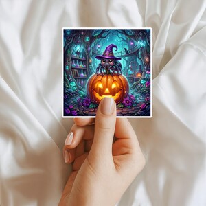 May include: A square sticker featuring a dark-eyed spider wearing a purple witch hat, perched atop a glowing orange jack-o'-lantern. The background depicts a magical forest scene with shelves of colourful potion bottles, glowing lanterns, and purple flowers.