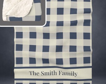 Personalized Charcoal Blue & Cream Buffalo Check Sherpa Blanket - Cozy Family Throw, Custom Name Fleece Gift