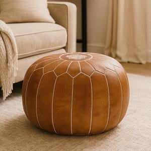 Handmade Leather Pouf Ottoman: Moroccan Floor Cushion, Unstuffed