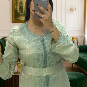 Embroidered Mint Green Moroccan Kaftan: Elegant Wedding Guest Dress