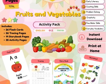 Fruits and Vegetables Printable Activity Pack | English Chinese Preschool Worksheets | Bilingual Flashcards, Tracing & Busy Book