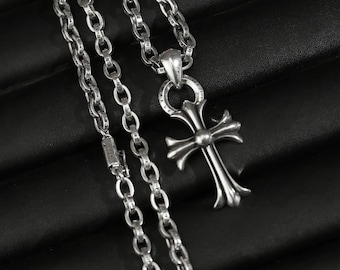 Silver Cross Pendant Necklace • Box Chain • Gothic Punk Style • Unisex Jewelry Gift • 23 inch