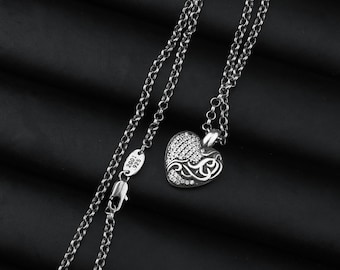 Silver Zircon Heart Pendant Necklace • Vines Design • Gothic Punk Style • Unisex 23 inch Gift