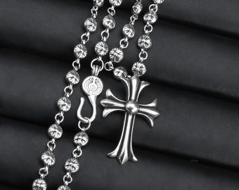 Silver Cross Pendant Necklace with Rosary Chain • Gothic Punk Style Jewelry • 23 inch Gift