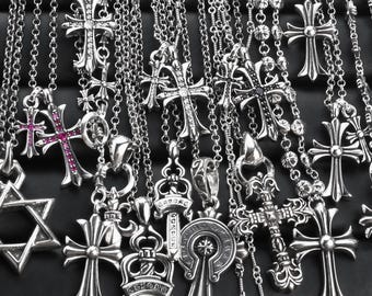 Silver Vintage Flames Cross Swords Daggers Pendant Necklace Gothic Punk Design Jewelry Christmas Birthday Party Gifts