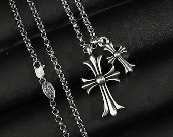 Silver Double Cross Necklace • Gothic Punk Pendant • Unisex Cross Jewelry • Gift for Men & Women