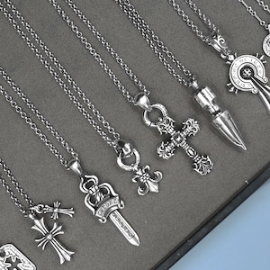 Collier pendentif croix épées argent flammes, breloque épée croix gothique, bijoux punk de style vintage