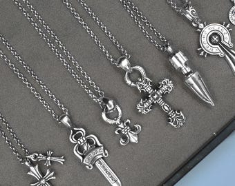 Silver Flames Cross Swords Daggers Pendant Necklace, Gothic Cross Sword Charm, Vintage Style Punk Jewelry