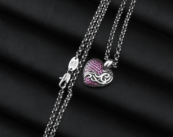 Silver Red Zircon Heart Pendant Necklace • Vines Design • Gothic Punk Style • Unisex Gift 23 inch