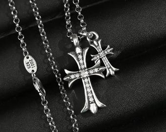 Silver Zircon Double Cross Pendant Necklace • Gothic Punk Unisex Jewelry • 23 inch