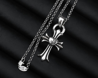 Silver Heart Cross Pendant Necklace • Gothic Punk Style Jewelry • Unisex Gift • 23 inch