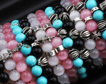 Black Agate Beaded Bracelet with Cat’s Eye & Turquoise • Gothic Punk Silver Jewelry