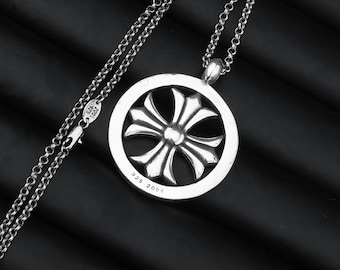 Silver Large Cross Circle Pendant Necklace • Gothic Punk Style Jewelry • Unisex Gift • 23 inch