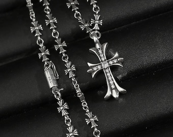 Silver Zircon Cross Pendant • Cross Flower Chain • Gothic Punk Necklace • Unisex Gift • 23 inch