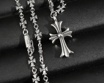 Silver Cross Pendant • Cross Flower Chain • Gothic Punk Necklace • Unisex Jewelry Gift • 23 inch
