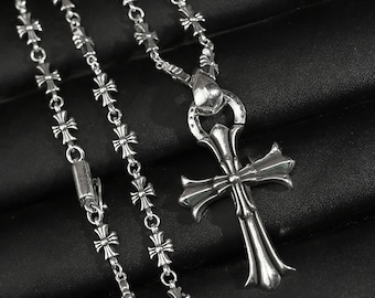 Silver Stacked Cross Pendant with Cross Flower Chain • Gothic Punk Necklace • 23 inch Unisex Gift