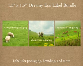 Puede incluir: Un fondo marrón con el texto "1.5" x 1.5" Dreamy Eco Label Bundle." Tres imágenes muestran ovejas pastando, caballos en un campo y vacas en una ladera. El texto incluye "biodegradable packaging", "plastic free shipping" y "sustainable shipping".